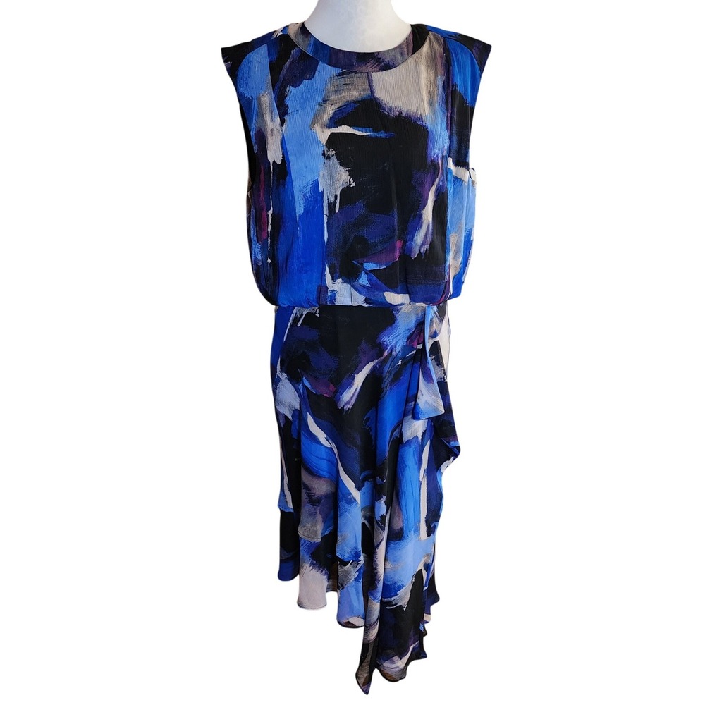DKNY‎ Women Blue Abstract Print Asymmetrical Ruffle Midi Dress Size 2 NWT